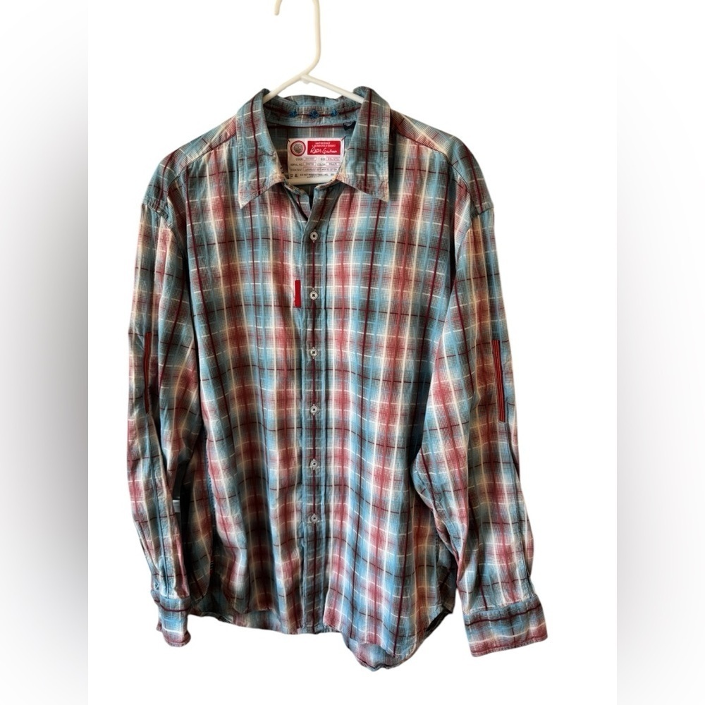 Robert Graham Shirt Men Large Red Blue Button Up Patches